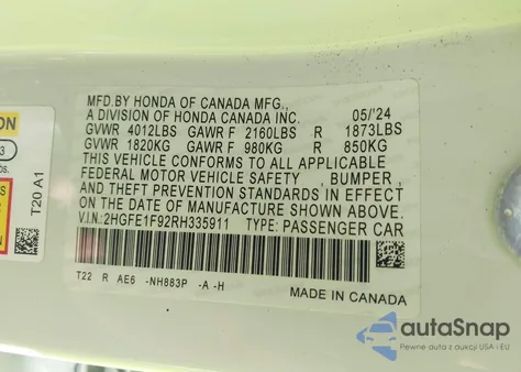 2024 Honda Civic Touring z USA, uszkodzony, nr VIN 2HGFE1F92RH335911